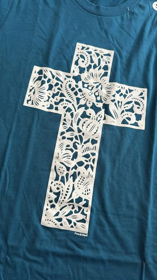 White Cross Teal Tee- in stock