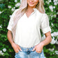 White Solid Color Ruched Bubble Sleeve V Neck Blouse