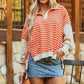 Orange Stripe Color Block Loose Fit Collared Drop Shoulder Sweatshirt