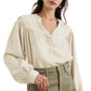 White Solid Color Lantern Sleeve Notched V Neck Blouse