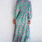 Green Abstract Print Puff Sleeve Tied Notched Neck Long Dress