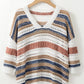 Multicolour Striped Hollow Out Half Sleeve Knitted Sweater