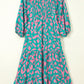 Green Abstract Print Puff Sleeve Tied Notched Neck Long Dress