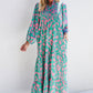 Green Abstract Print Puff Sleeve Tied Notched Neck Long Dress