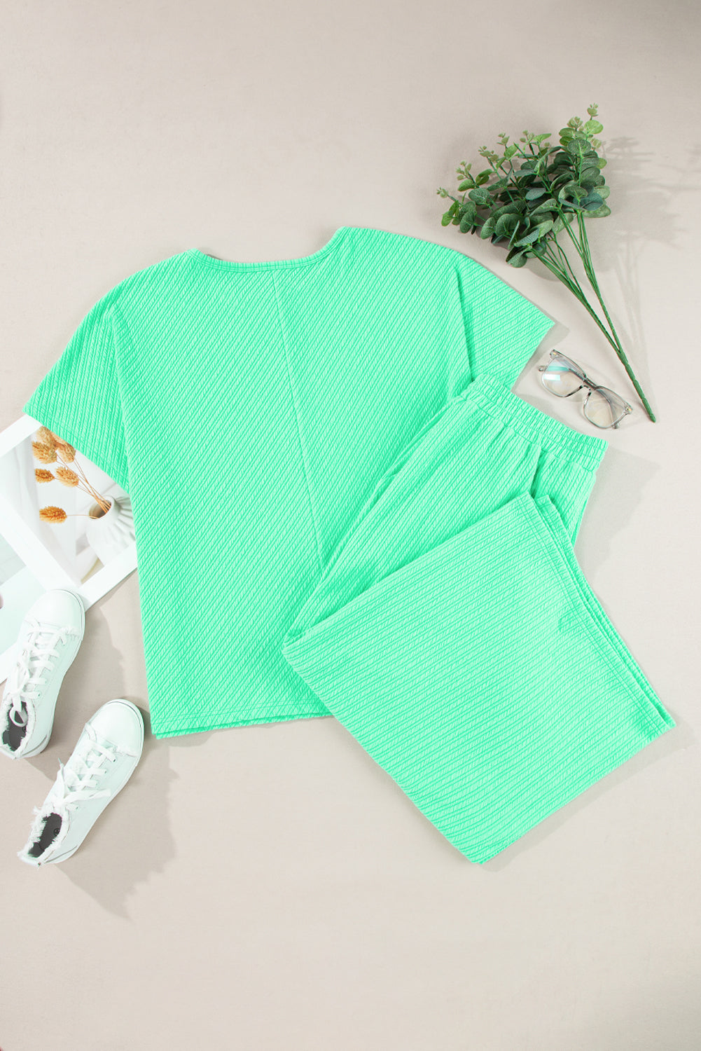 Mint Green Textured Batwing Sleeve Tee Wide Leg Pants Plus Size Set