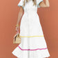 White Colorblock Rickrack Trim Short Sleeve Drawstring Waist Long Dress