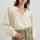 White Solid Color Lantern Sleeve Notched V Neck Blouse