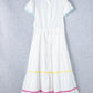 White Colorblock Rickrack Trim Short Sleeve Drawstring Waist Long Dress