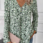 Green Polka Dot Print Button Front V Neck Blouse