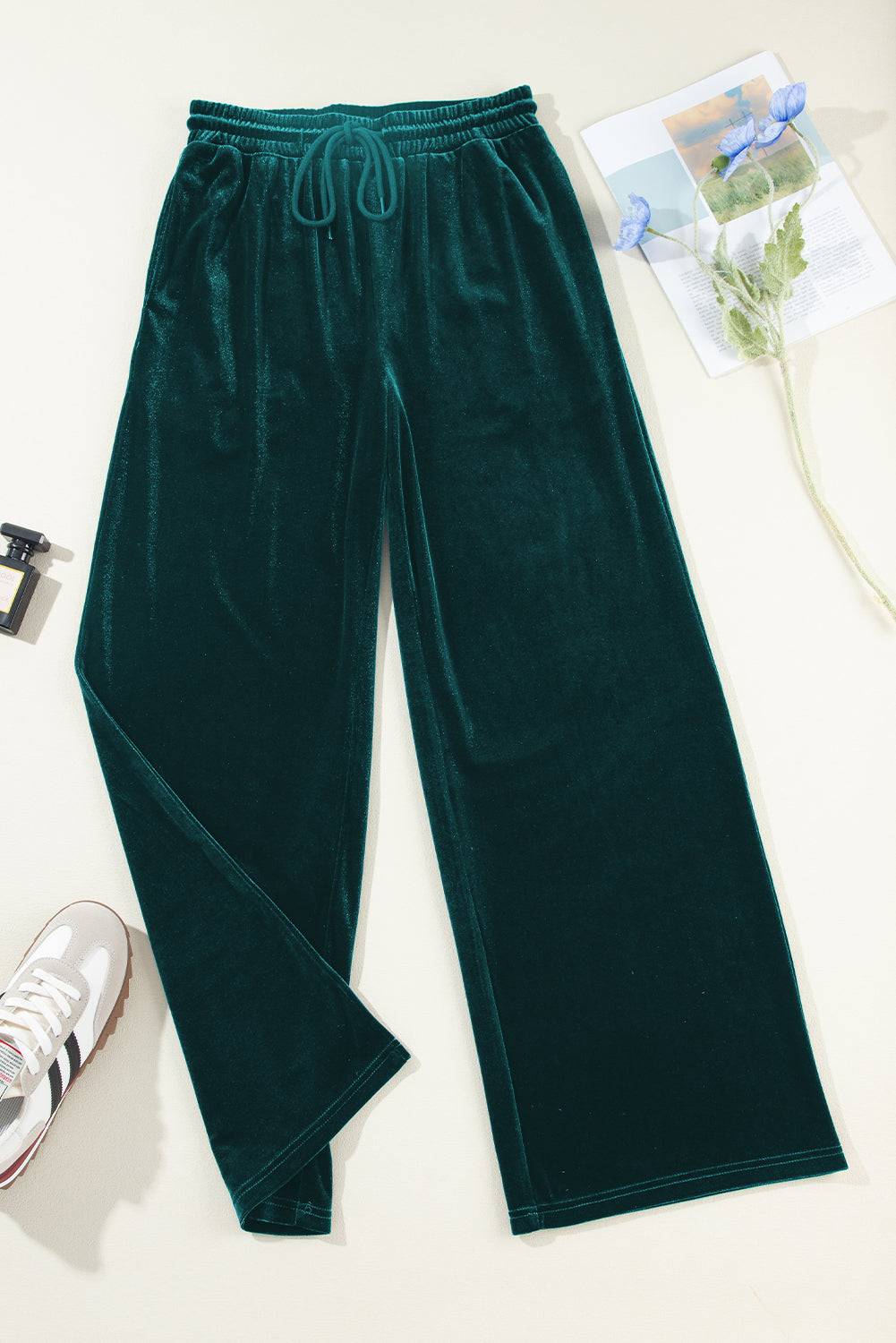 Evergreen Solid Drawstring Waist Wide Leg Pants