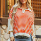 Orange Stripe Color Block Loose Fit Collared Drop Shoulder Sweatshirt