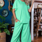 Mint Green Textured Batwing Sleeve Tee Wide Leg Pants Plus Size Set