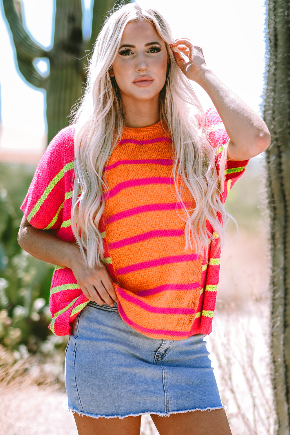 Strawberry Pink Bright Striped Short Sleeve Knit Top