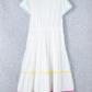 White Colorblock Rickrack Trim Short Sleeve Drawstring Waist Long Dress