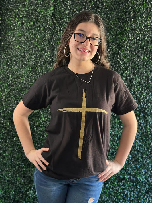 Gold Cross Black Tee- in stock