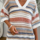 Multicolour Striped Hollow Out Half Sleeve Knitted Sweater