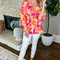 Orange Abstract Print 3/4 Sleeve V Neck Ruffled Babydoll Blouse