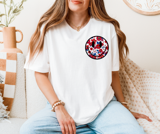 Red White & Bloom Smiley- left chest