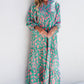 Green Abstract Print Puff Sleeve Tied Notched Neck Long Dress