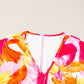 Orange Abstract Print 3/4 Sleeve V Neck Ruffled Babydoll Blouse