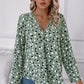 Green Polka Dot Print Button Front V Neck Blouse