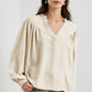 White Solid Color Lantern Sleeve Notched V Neck Blouse