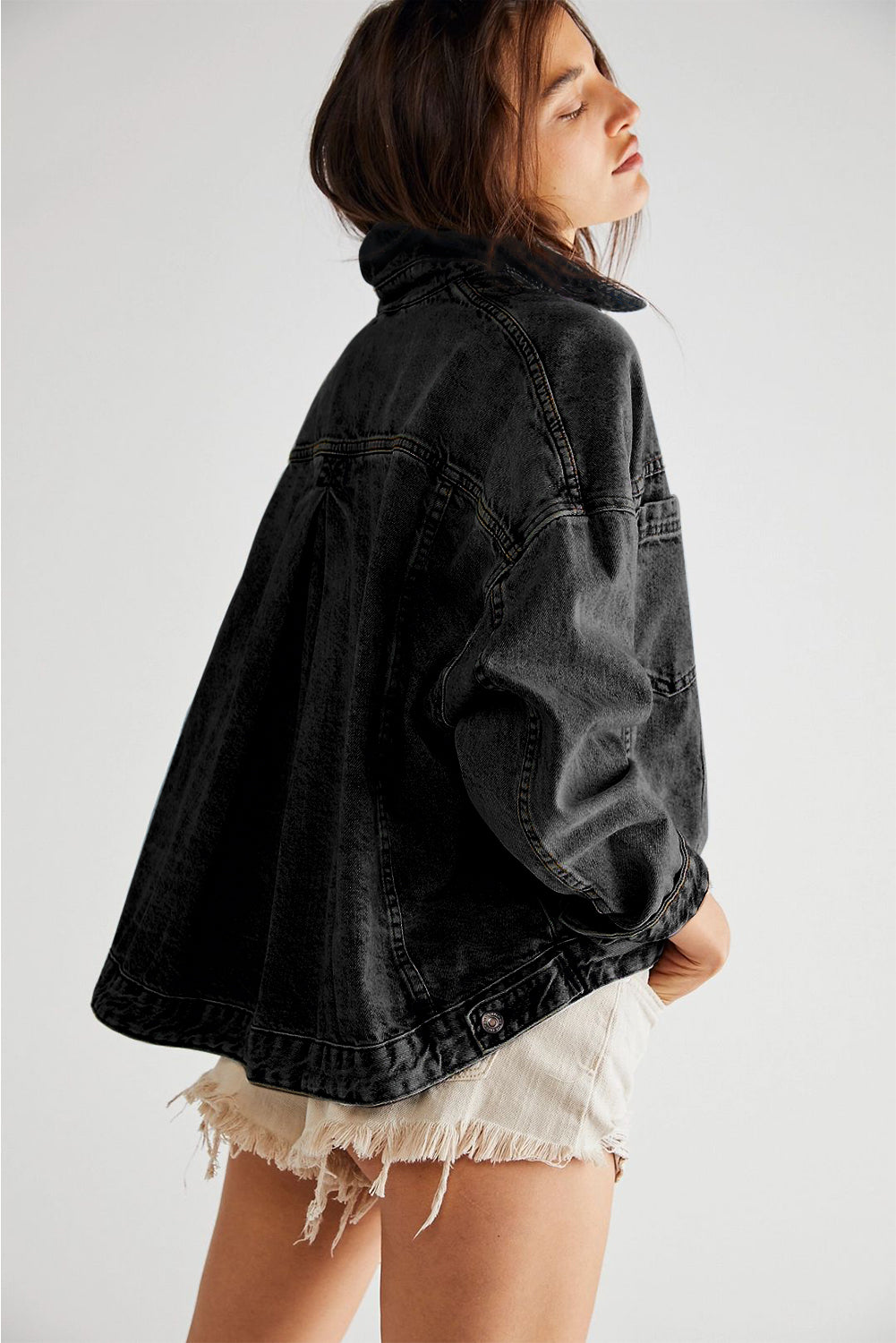 Black Washed Oversize Pocketed Denim Jacket