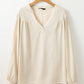 White Solid Color Lantern Sleeve Notched V Neck Blouse