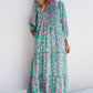 Green Abstract Print Puff Sleeve Tied Notched Neck Long Dress