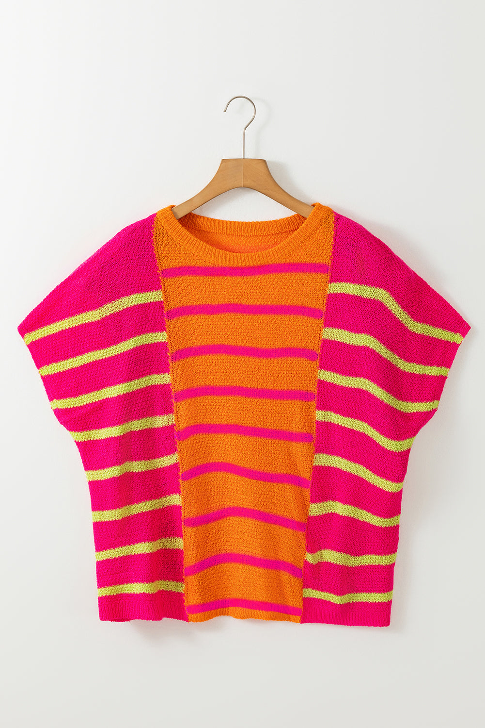 Strawberry Pink Bright Striped Short Sleeve Knit Top