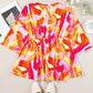 Orange Abstract Print 3/4 Sleeve V Neck Ruffled Babydoll Blouse