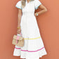 White Colorblock Rickrack Trim Short Sleeve Drawstring Waist Long Dress