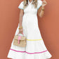 White Colorblock Rickrack Trim Short Sleeve Drawstring Waist Long Dress